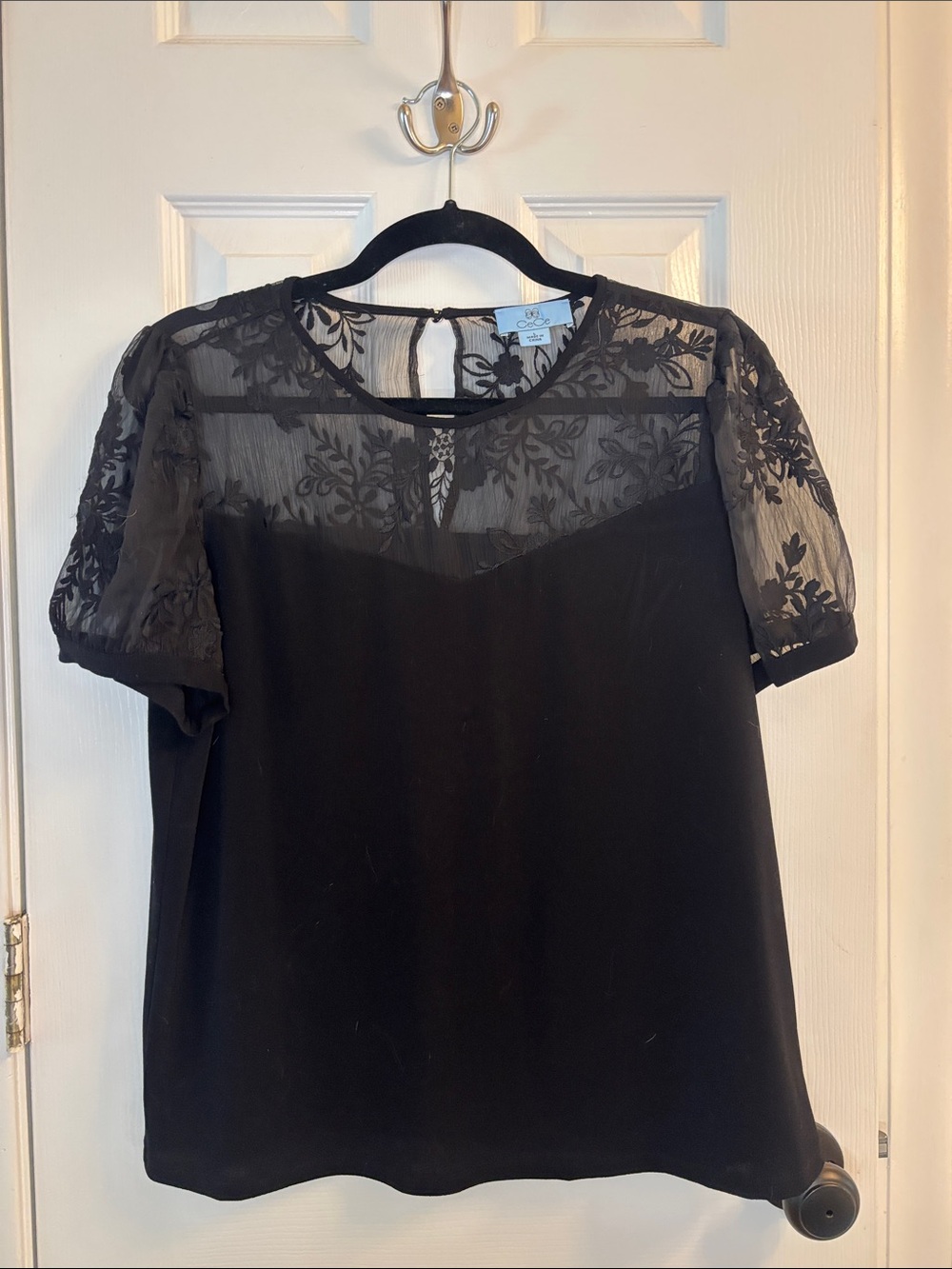 CeCe Black Sheer Embroidered Yoke Short Sleeve Blouse